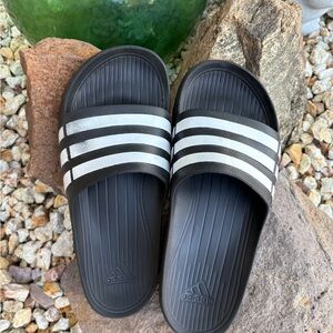 Adidas Black and White Striped Slides